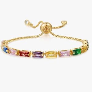 NEW 14K Gold Plated Cubic Zirconia Adjustable Multicolor Gemstone Gold Bracelet
